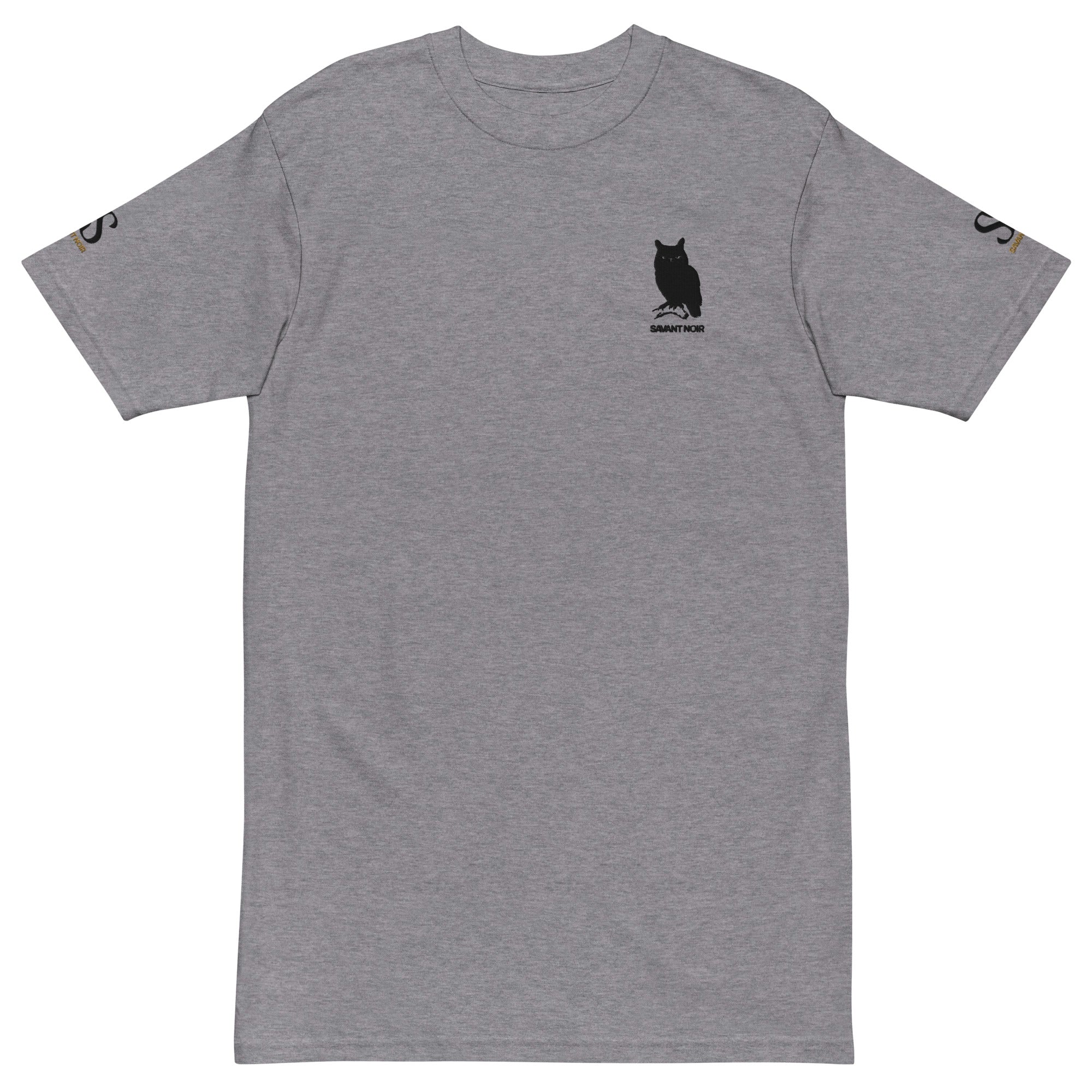 SAVANT NOIR gray luxury heavyweight tee with black owl logo on chest and sleeve details