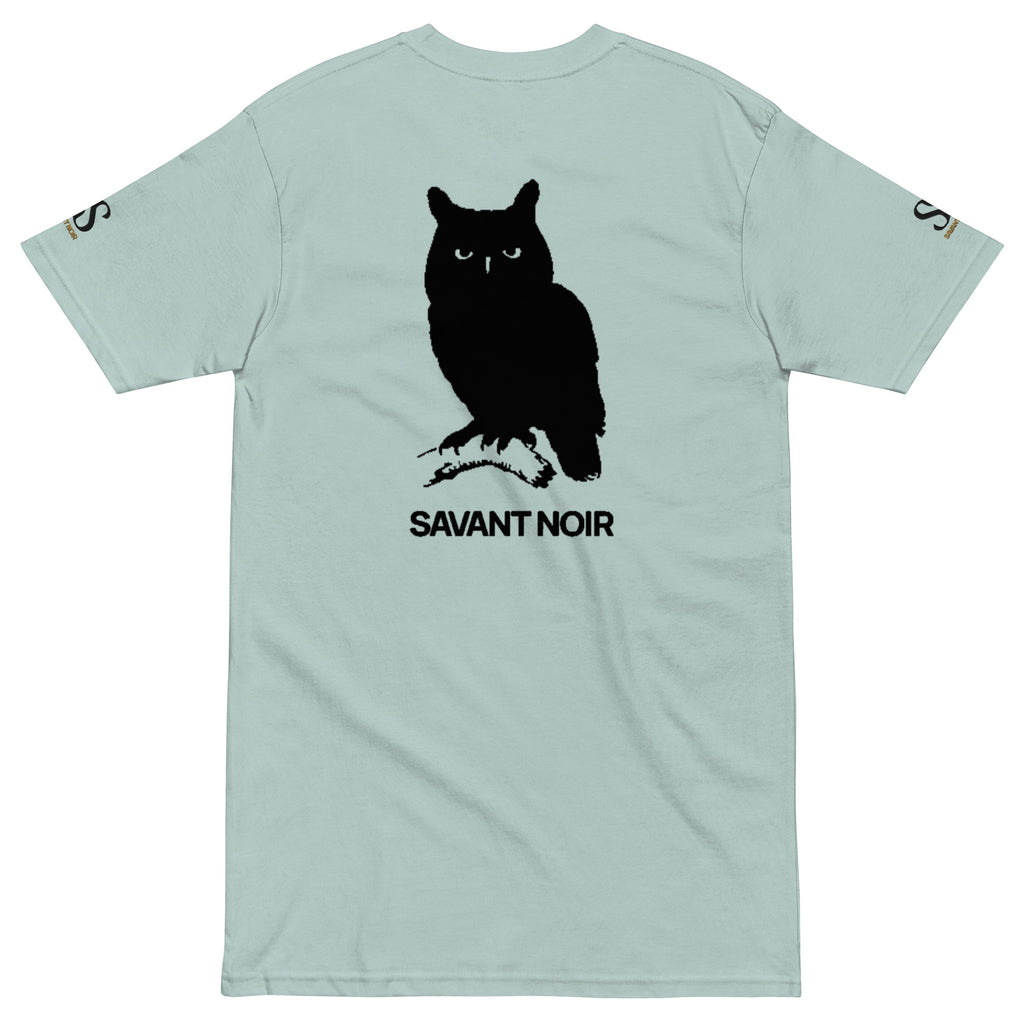 SAVANT NOIR luxury heavyweight tee in light green with black owl graphic on the back