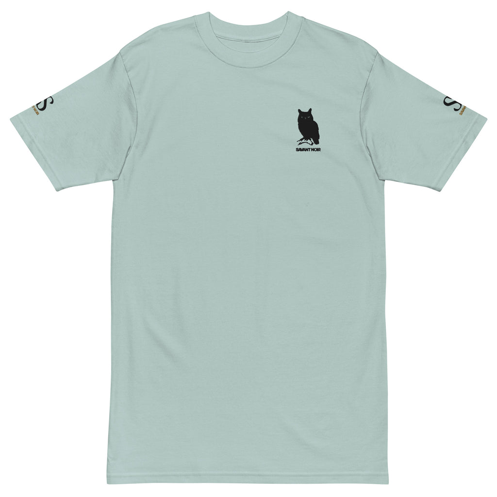 SAVANT NOIR luxury heavyweight tee in light blue with black owl logo on chest and sleeve branding