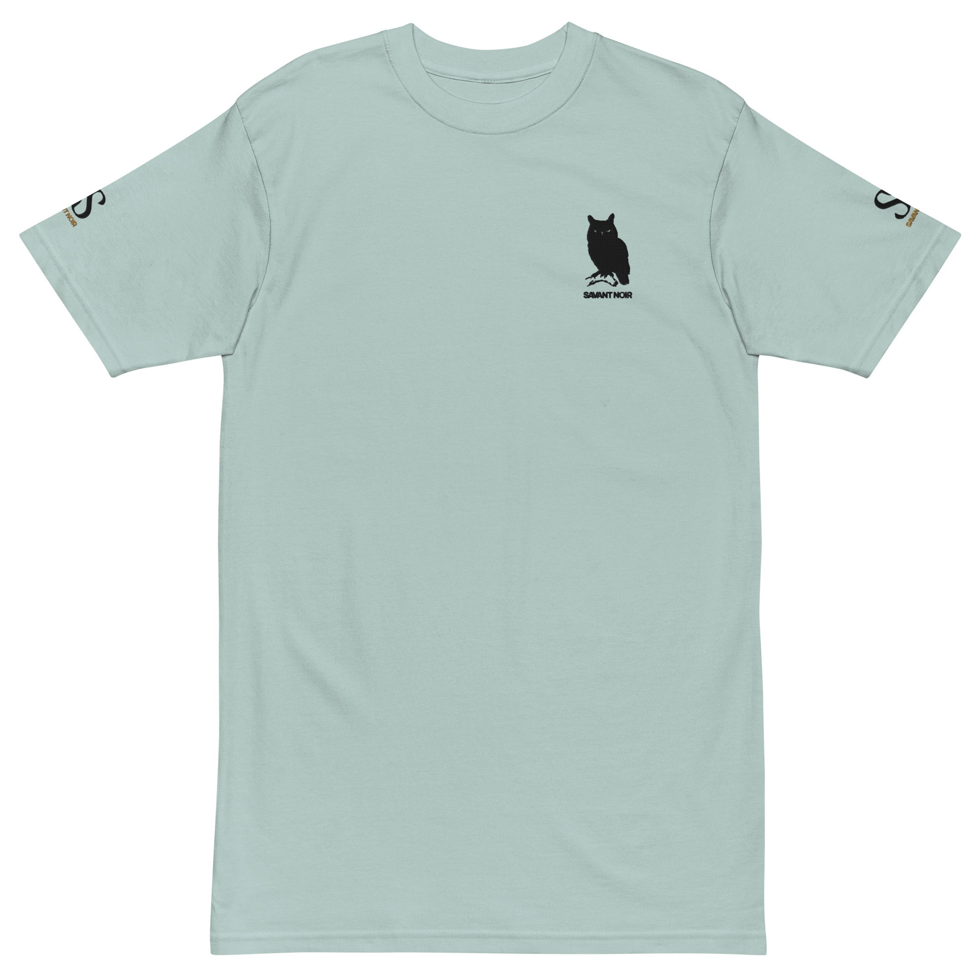 SAVANT NOIR luxury heavyweight tee in light blue with black owl logo on chest and sleeve branding