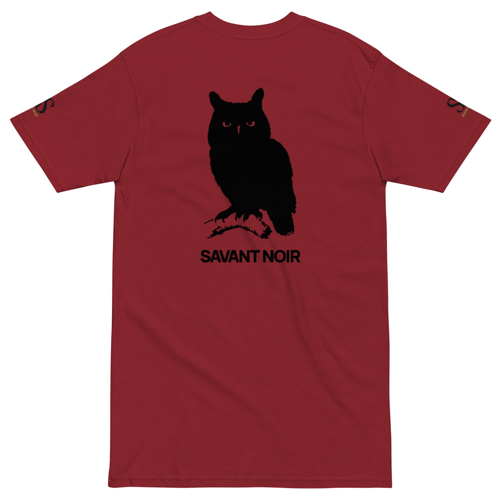 SAVANT NOIR luxury heavyweight tee in red with black owl graphic on back and logo on sleeves