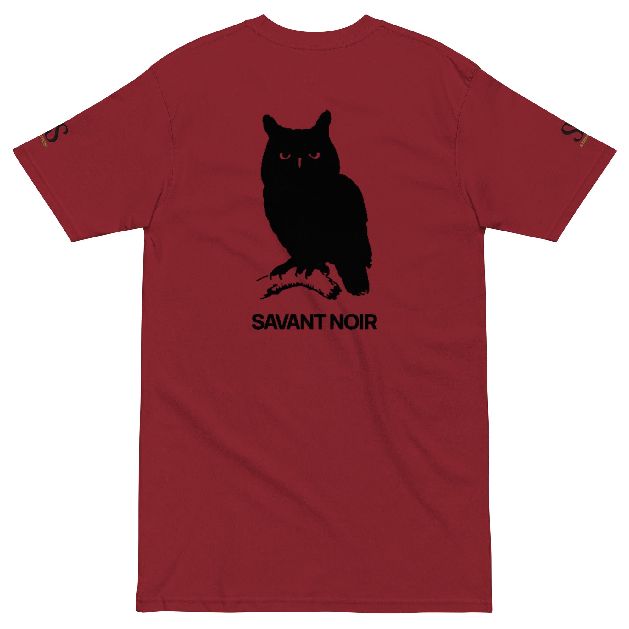 SAVANT NOIR luxury heavyweight tee in red with black owl graphic on back and logo on sleeves