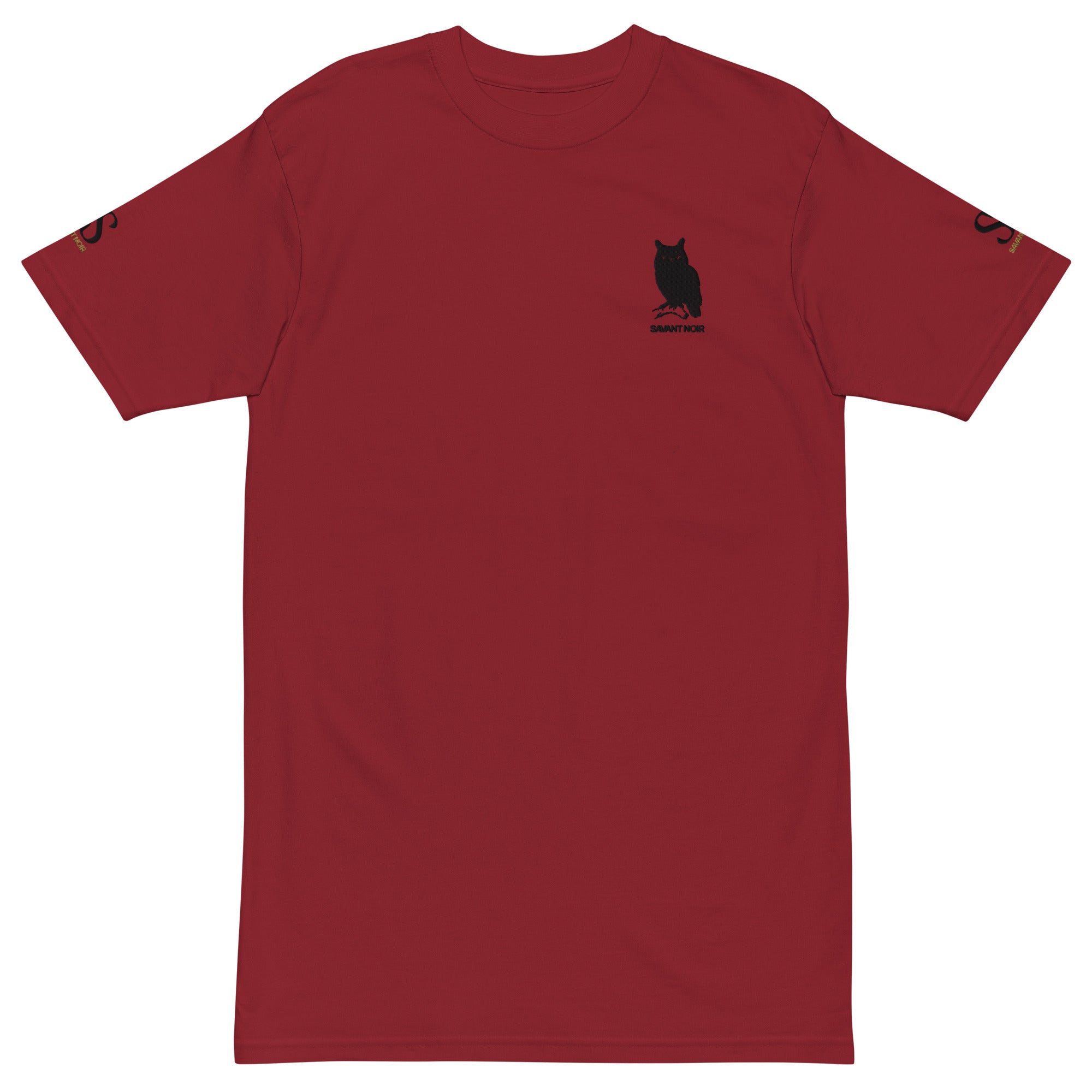 SAVANT NOIR luxury heavyweight tee in deep red with black owl logo on chest and sleeve