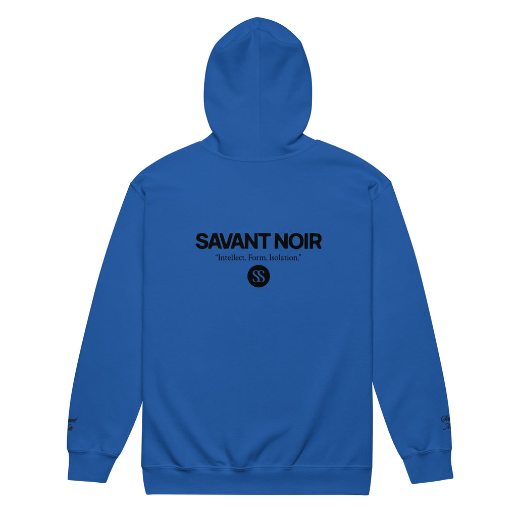 SAVANT NOIR blue luxury heavyweight zip hoodie with logo and text on the back