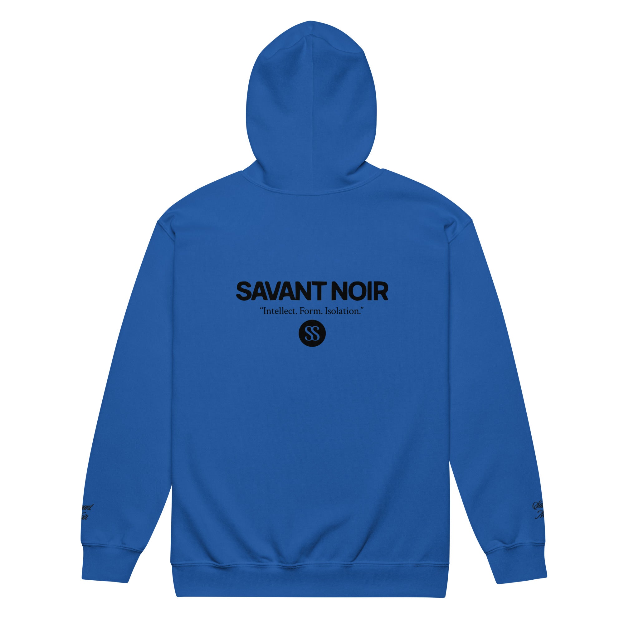 SAVANT NOIR blue luxury heavyweight zip hoodie with logo and text on the back