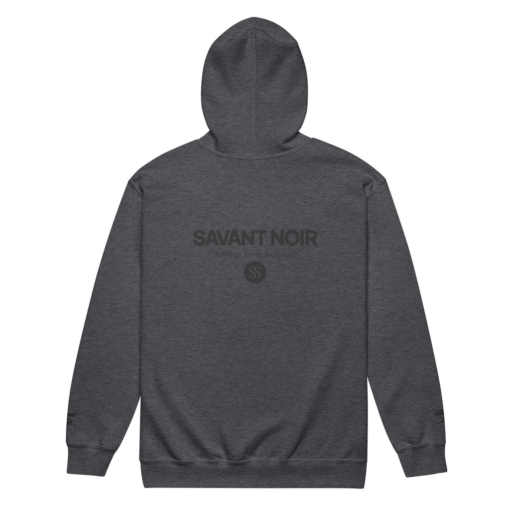 SAVANT NOIR luxury heavyweight zip hoodie in dark gray with logo on back and hood