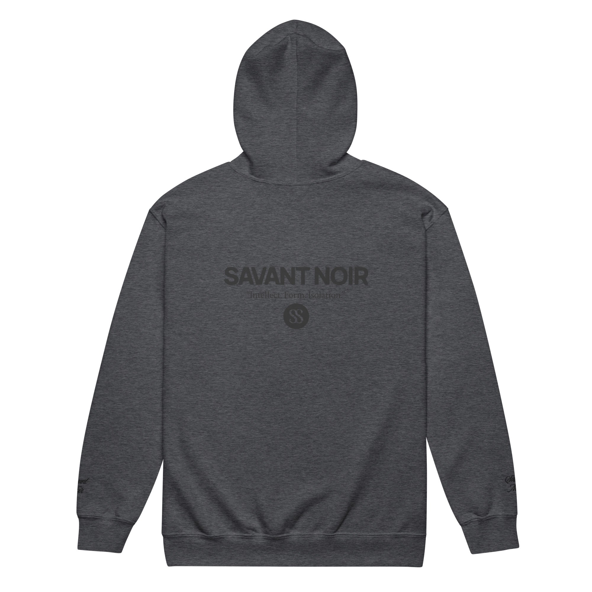 SAVANT NOIR luxury heavyweight zip hoodie in dark gray with logo on back and hood
