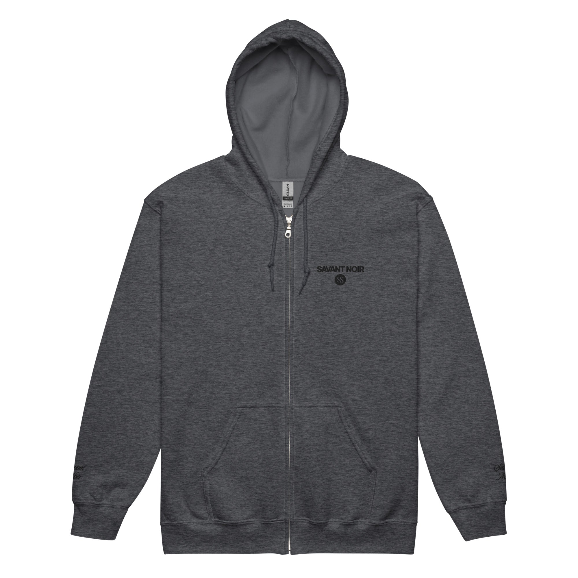 SAVANT NOIR luxury heavyweight zip hoodie in dark gray with front pockets and adjustable hood