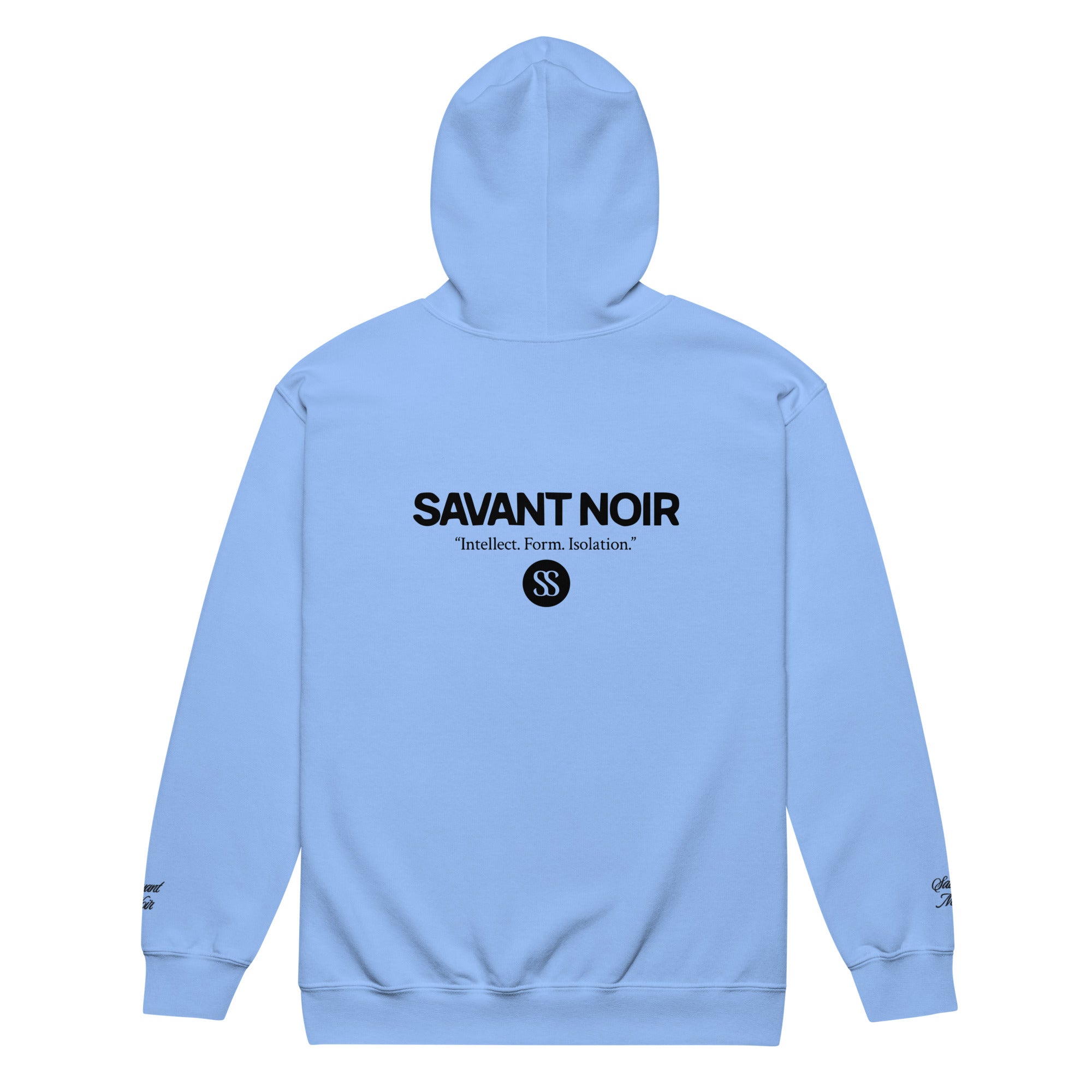 SAVANT NOIR luxury heavyweight zip hoodie in light blue with black brand logo on the back