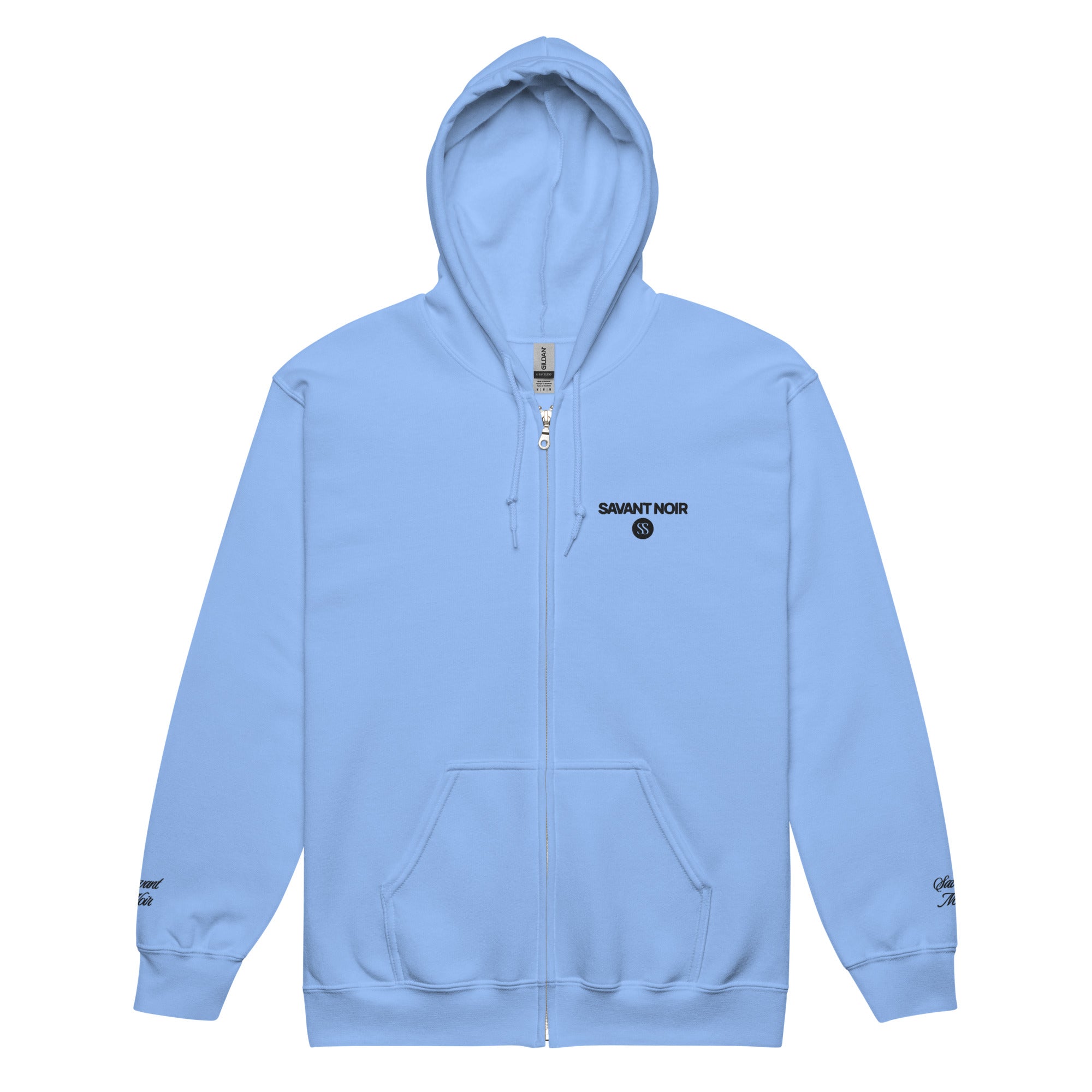SAVANT NOIR luxury heavyweight zip hoodie in light blue with front pockets and full zipper