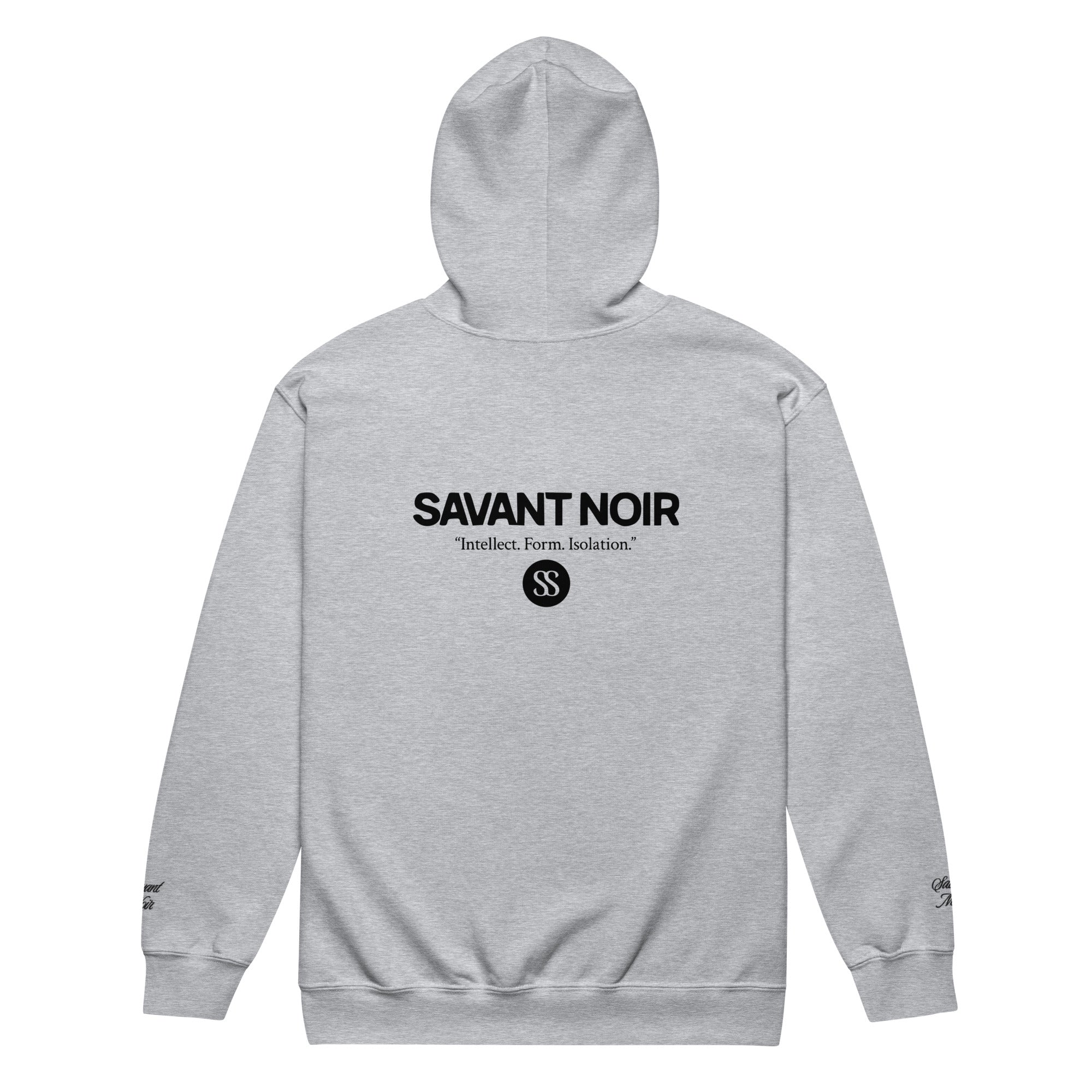SAVANT NOIR luxury heavyweight zip hoodie in gray with black logo and text on back