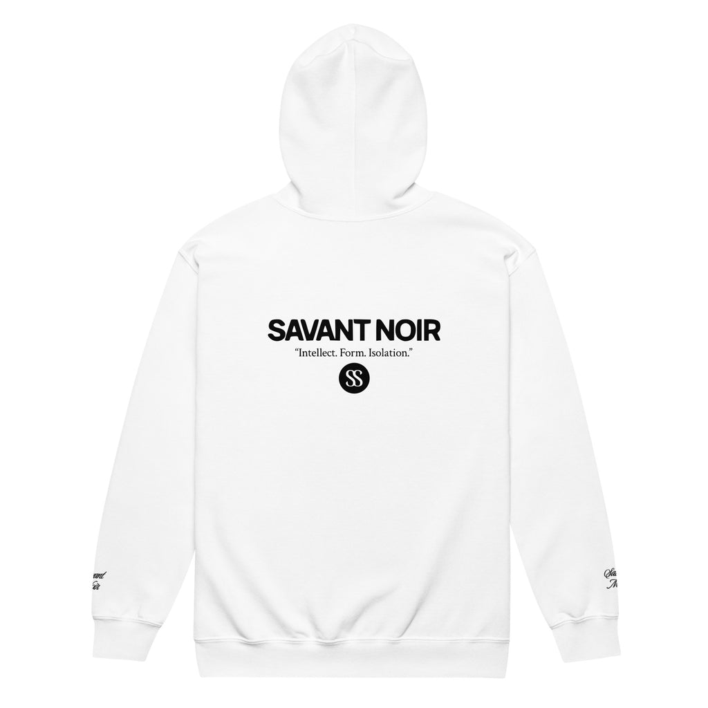 SAVANT NOIR white luxury heavyweight zip hoodie with black logo text on back and hood