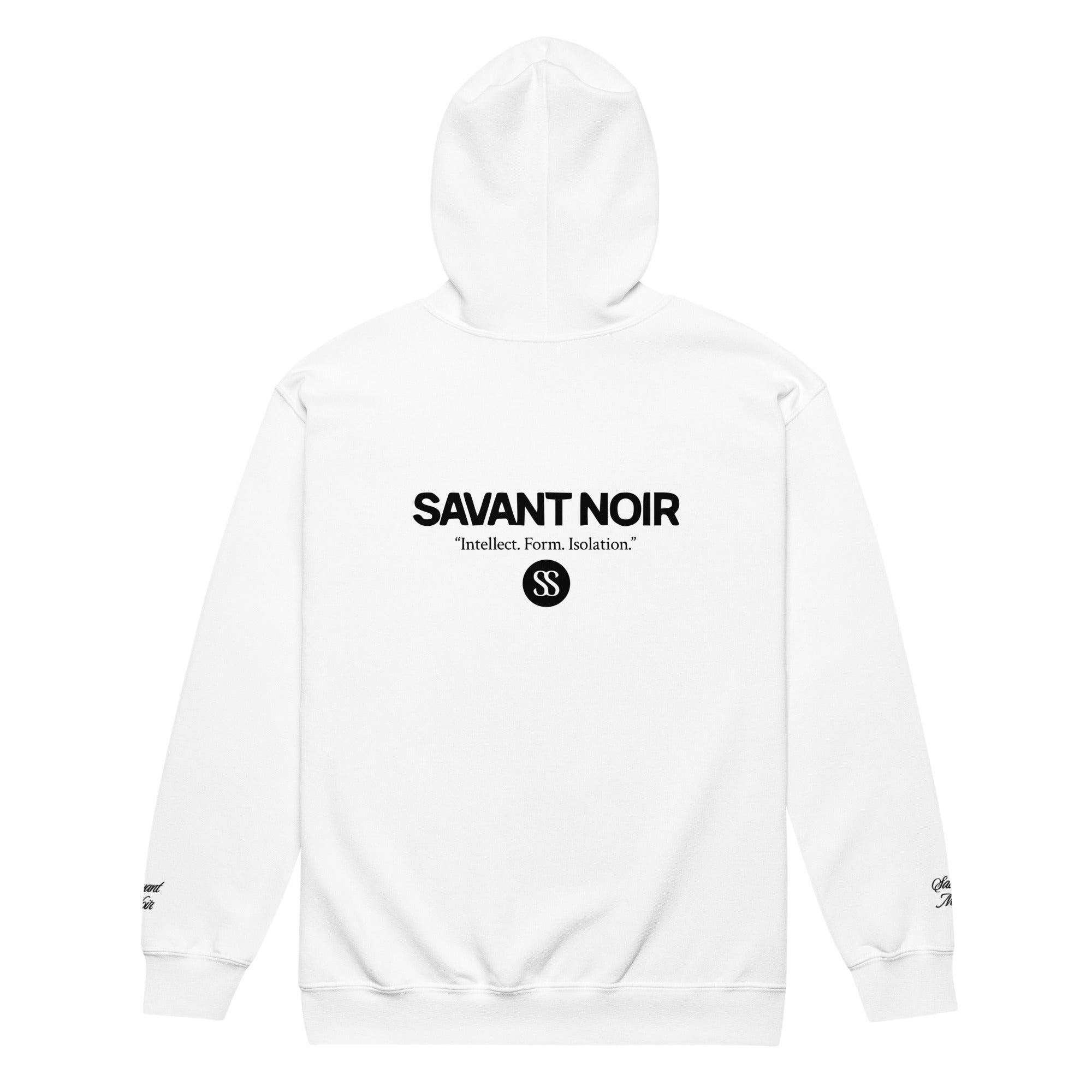 SAVANT NOIR white luxury heavyweight zip hoodie with black logo text on back and hood