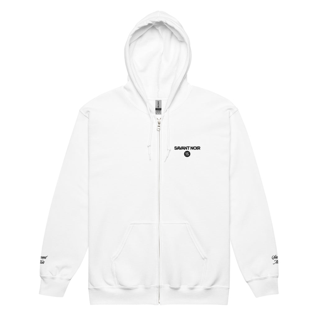 SAVANT NOIR white luxury heavyweight zip hoodie with front zipper and logo on chest and sleeves