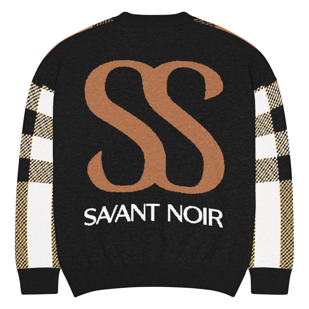 SAVANT NOIR black sweater with brown SS logo and checkered sleeves luxury knitwear for men