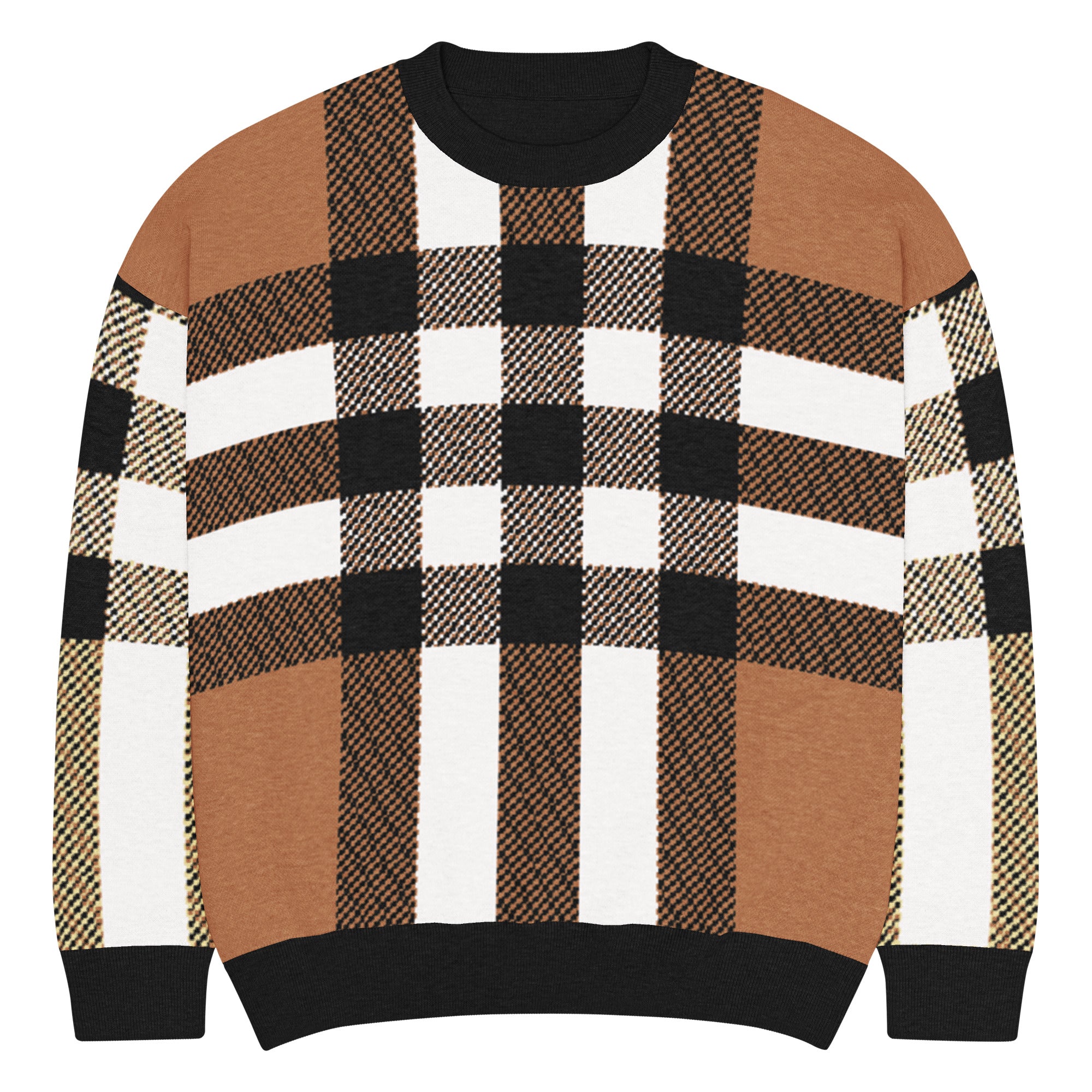 SAVANT NOIR luxury knitwear for men featuring a brown black and white checkered pattern sweater