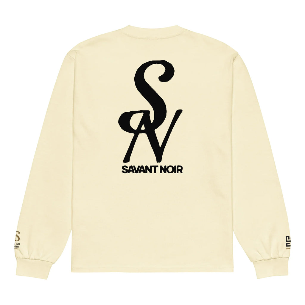 SAVANT NOIR luxury long sleeve shirt in cream with black logo design on the back and sleeve details