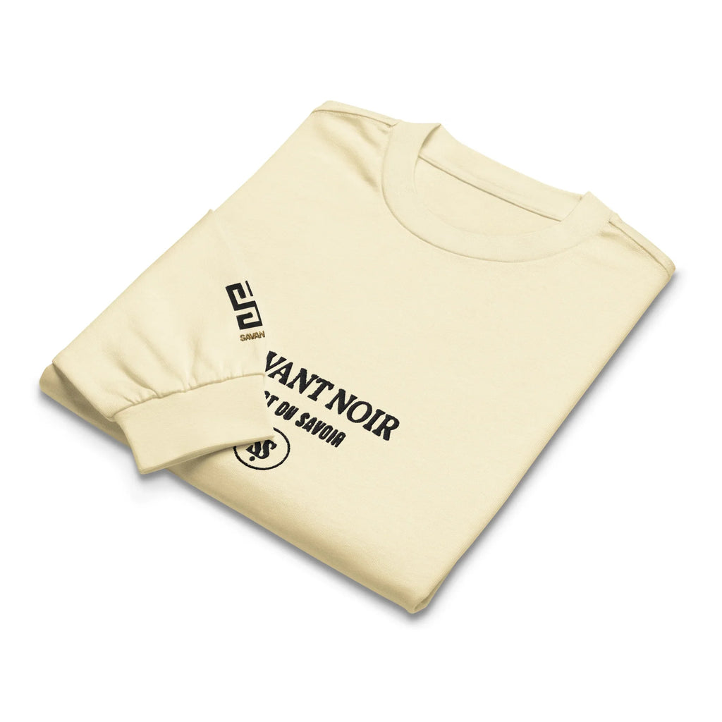 SAVANT NOIR luxury long sleeve shirt in beige with black branded print folded neatly