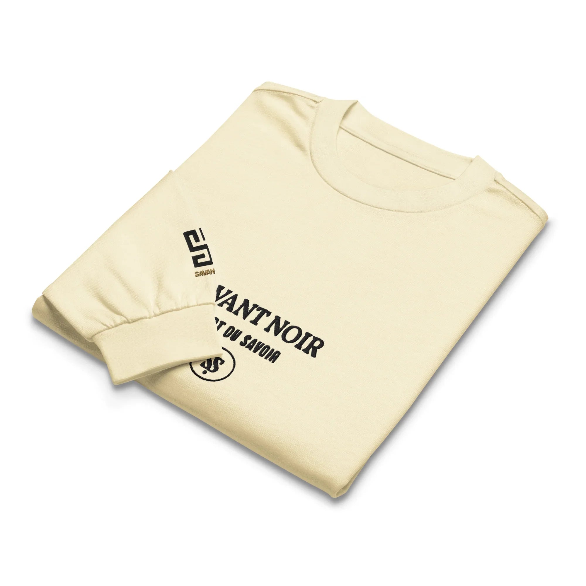 SAVANT NOIR luxury long sleeve shirt in beige with black branded print folded neatly