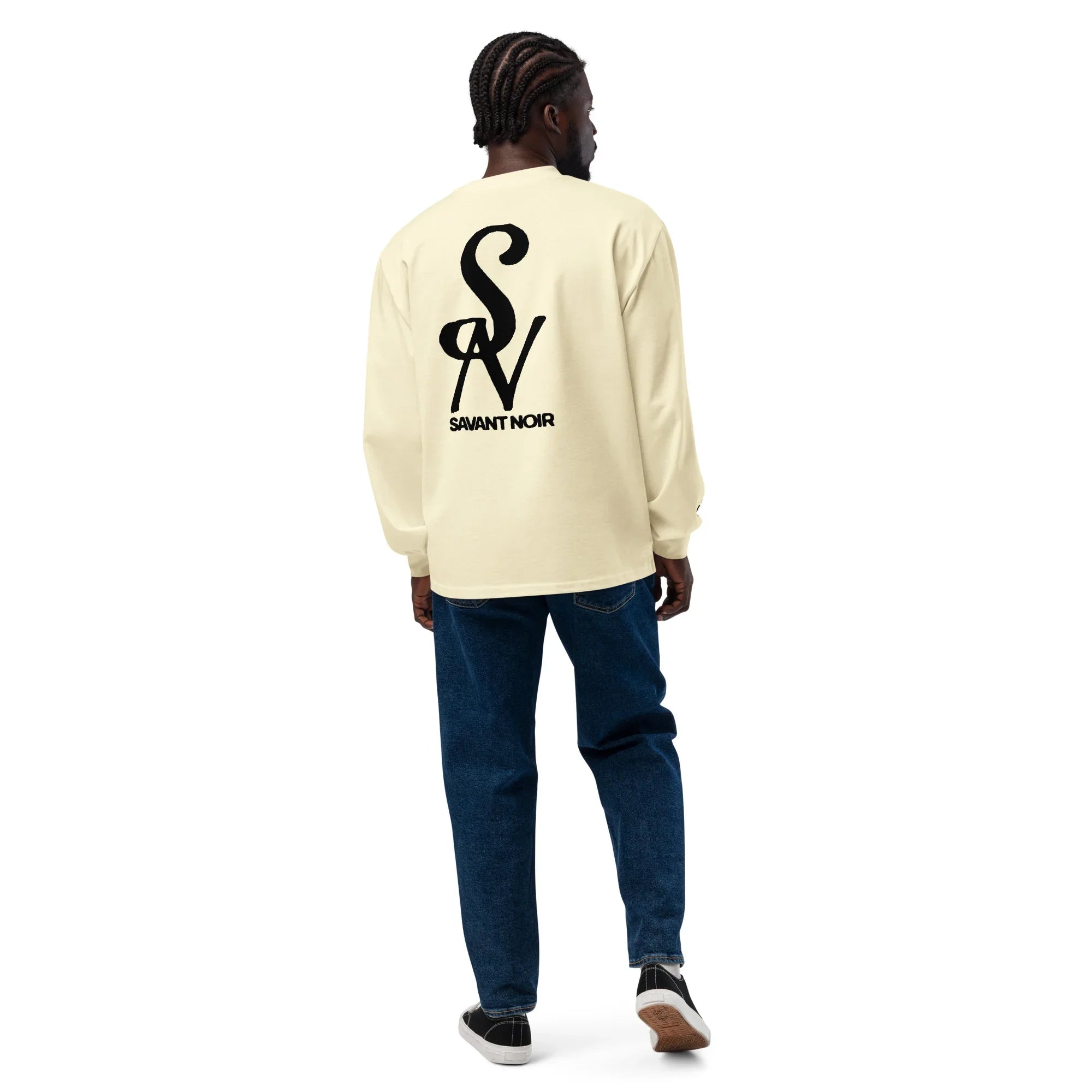 SAVANT NOIR luxury long sleeve shirt in cream with black logo on back worn with jeans