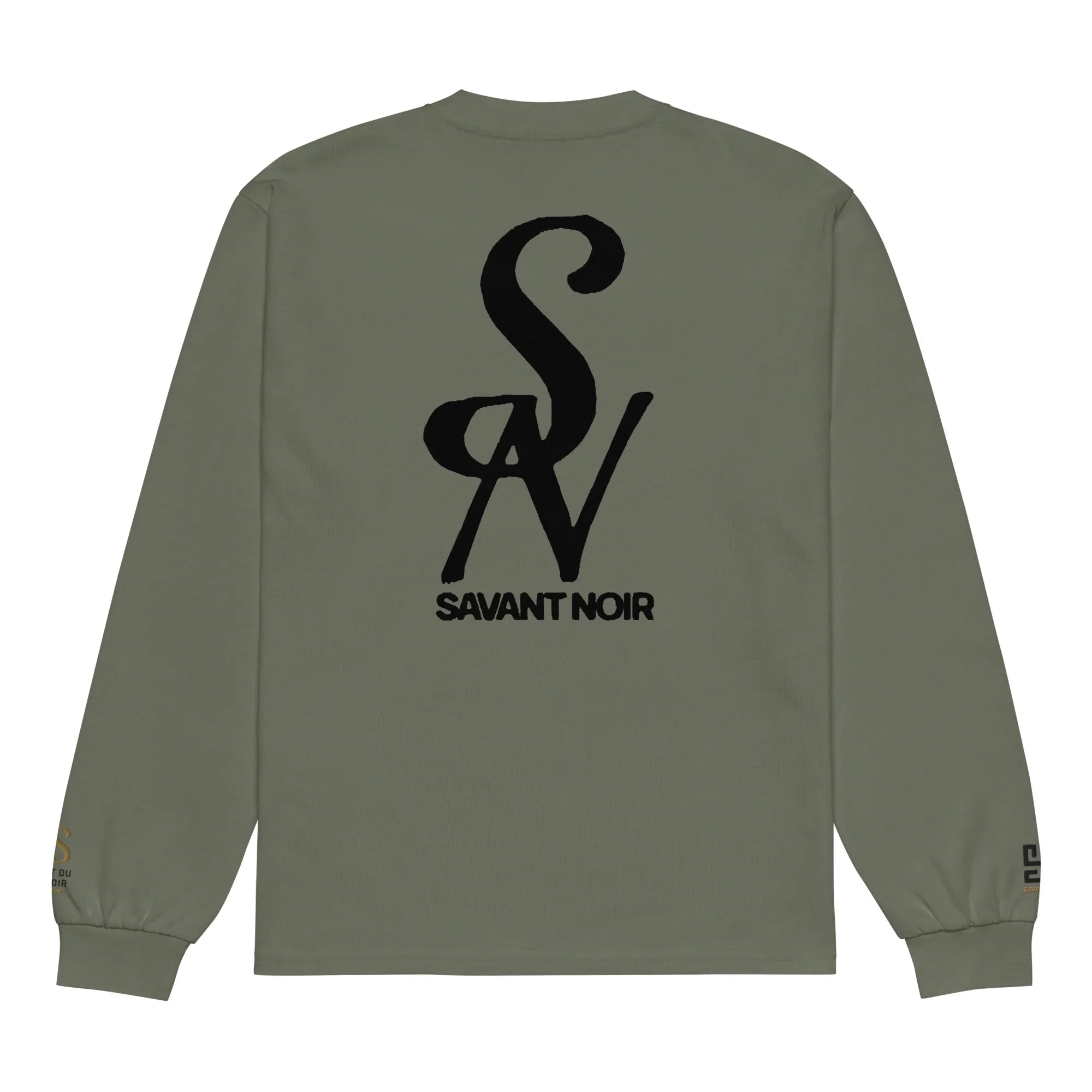 SAVANT NOIR luxury long sleeve shirt in olive green with black logo print on back and cuff details