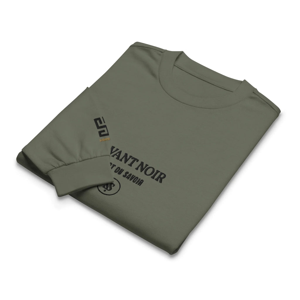 Folded olive green luxury long sleeve shirt from SAVANT NOIR with printed black logo and text