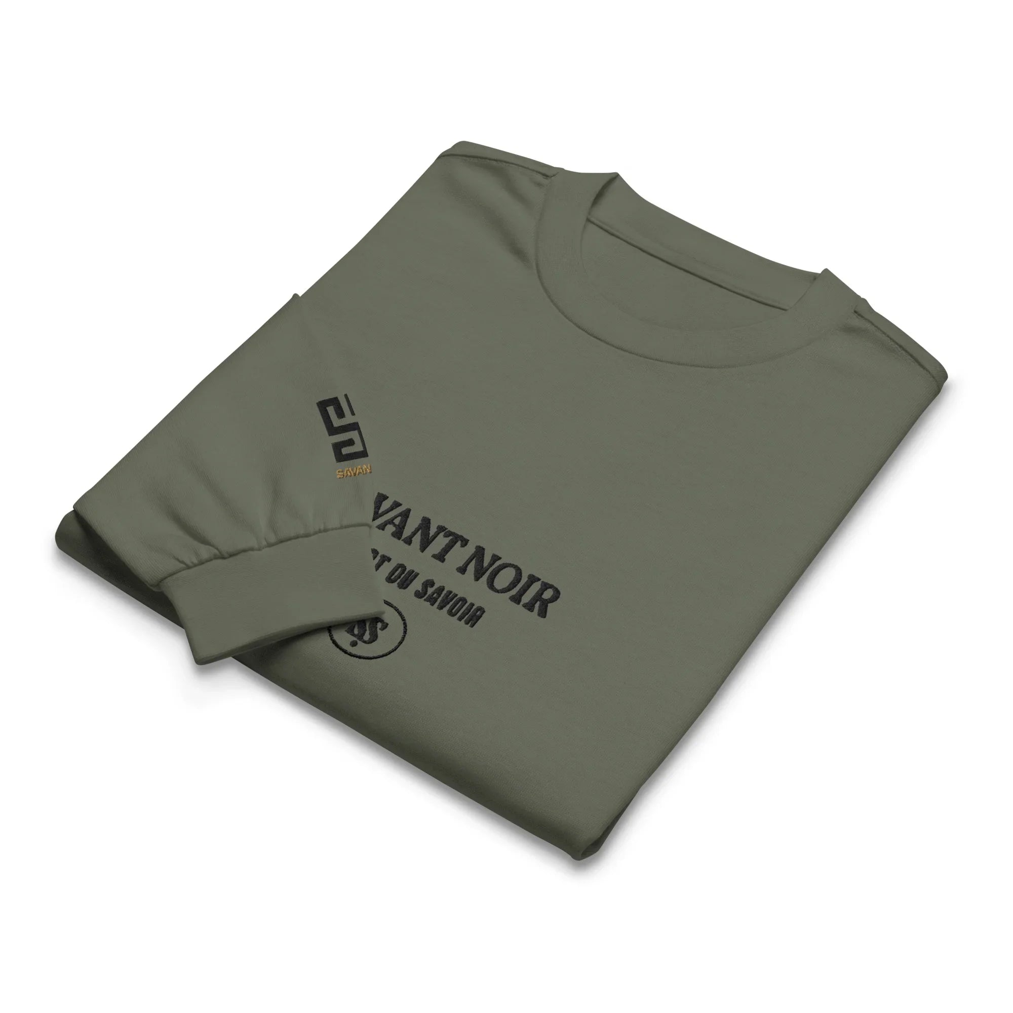 Folded olive green luxury long sleeve shirt from SAVANT NOIR with printed black logo and text