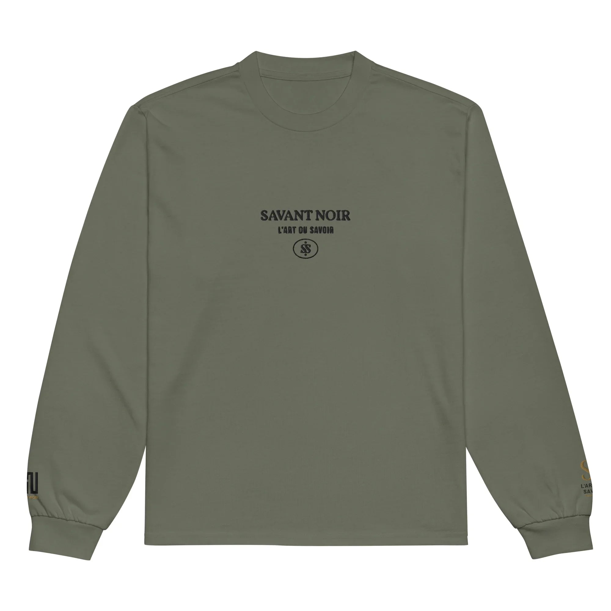 SAVANT NOIR luxury long sleeve shirt in olive green with logo print on chest and sleeve cuffs