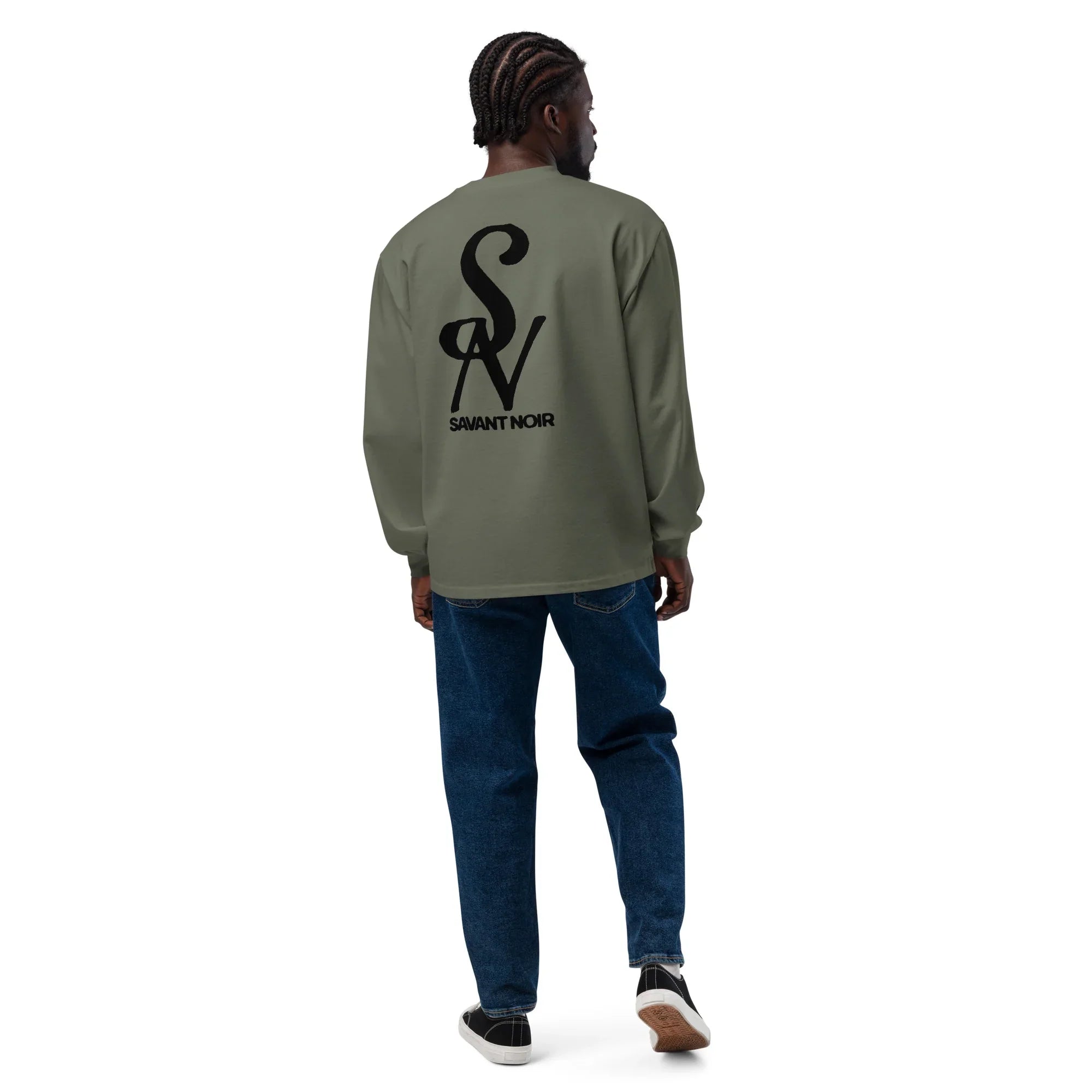 SAVANT NOIR luxury long sleeve shirt in olive green with large black logo on back worn with jeans