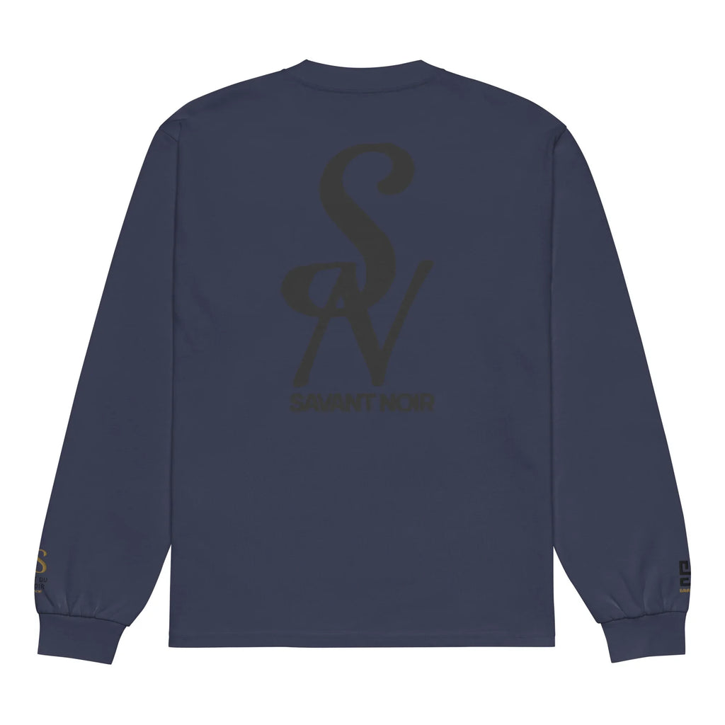 SAVANT NOIR navy luxury long sleeve shirt with black logo print on back and cuff details