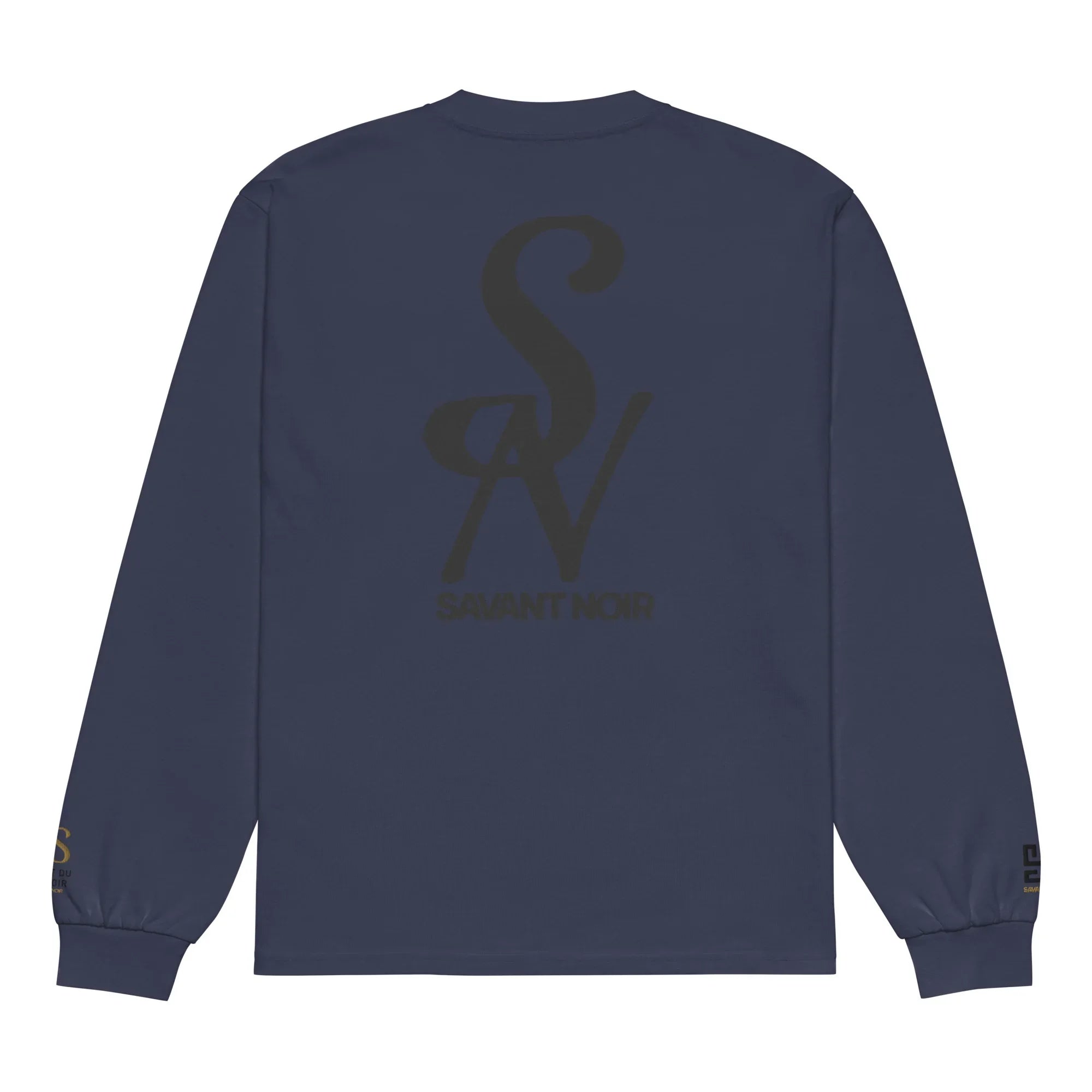 SAVANT NOIR navy luxury long sleeve shirt with black logo print on back and cuff details