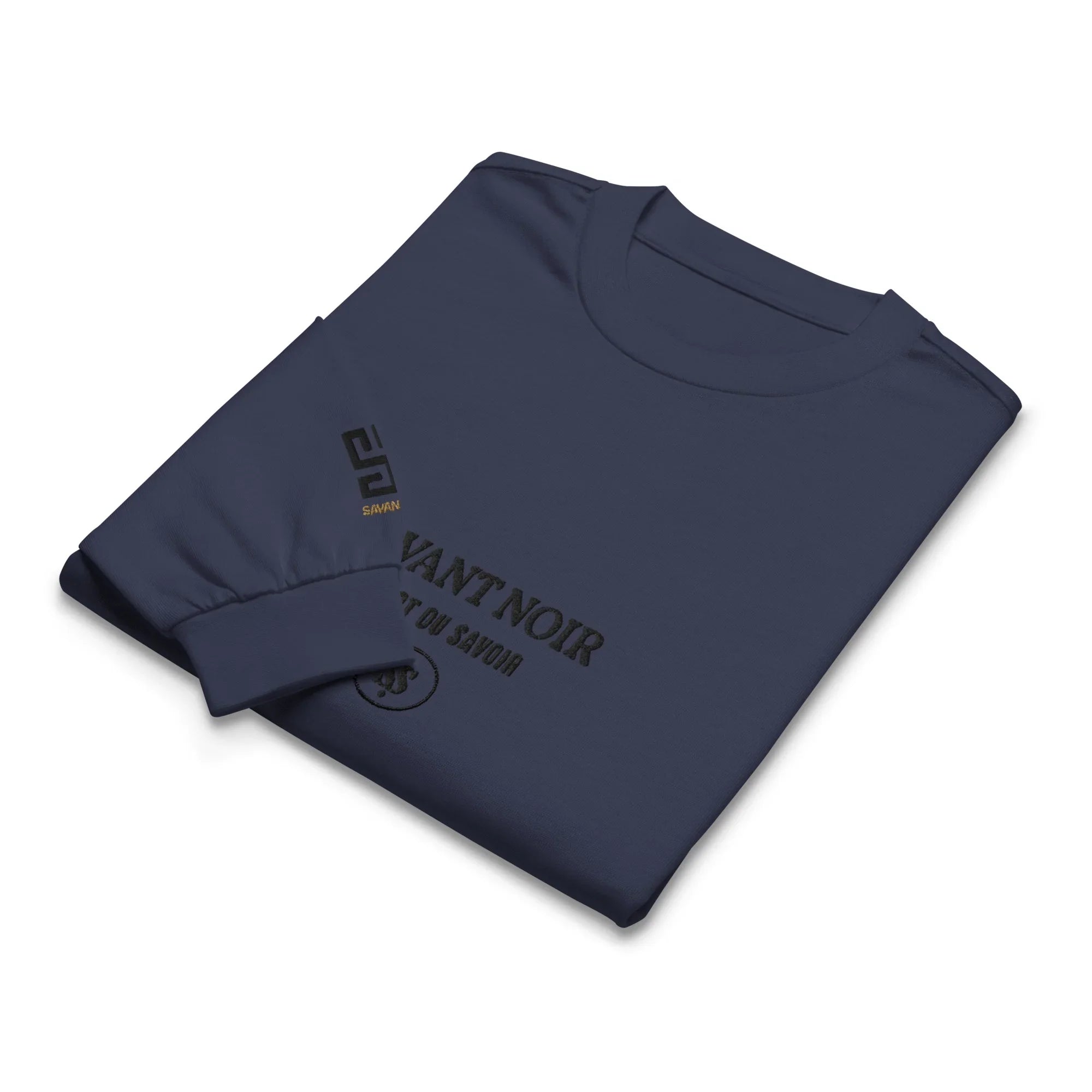 Folded navy blue luxury long sleeve shirt by SAVANT NOIR with subtle black logo print