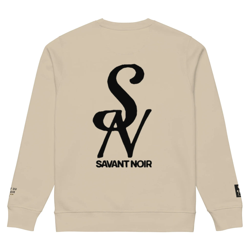 Beige luxury midweight crewneck sweatshirt by SAVANT NOIR with black stylized logo on back