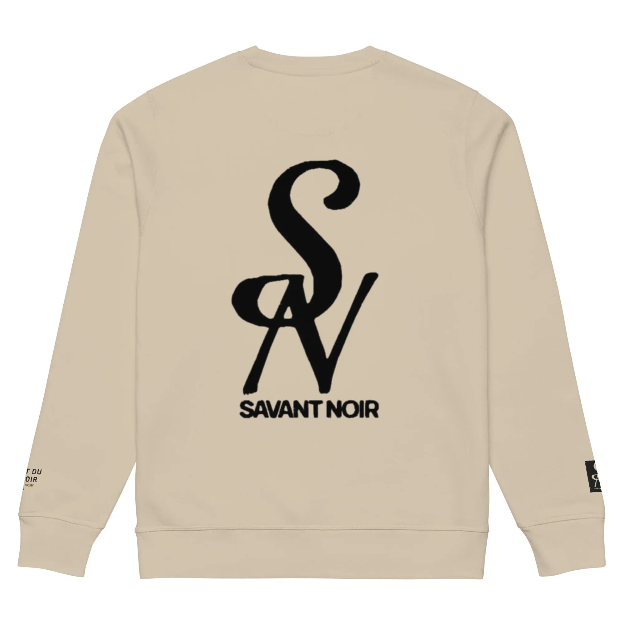 Beige luxury midweight crewneck sweatshirt by SAVANT NOIR with black stylized logo on back