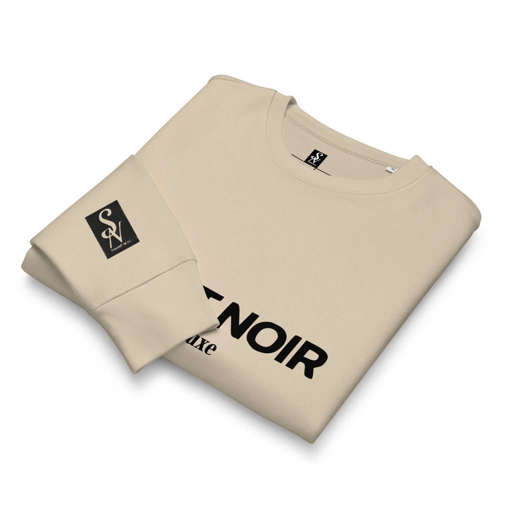 SAVANT NOIR luxury midweight crewneck sweatshirt in beige with black logo print folded neatly