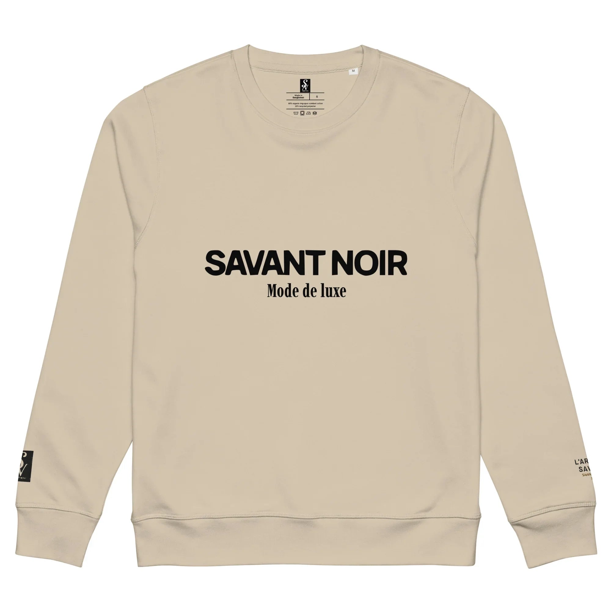 SAVANT NOIR beige luxury midweight crewneck sweatshirt with black logo text on front