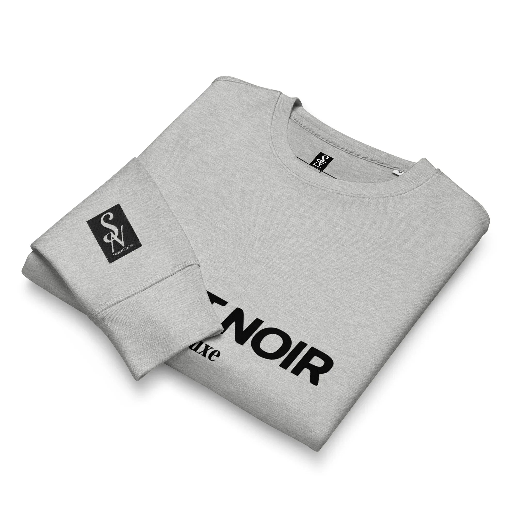 Grey SAVANT NOIR luxury midweight crewneck sweatshirt folded with black logo print on front
