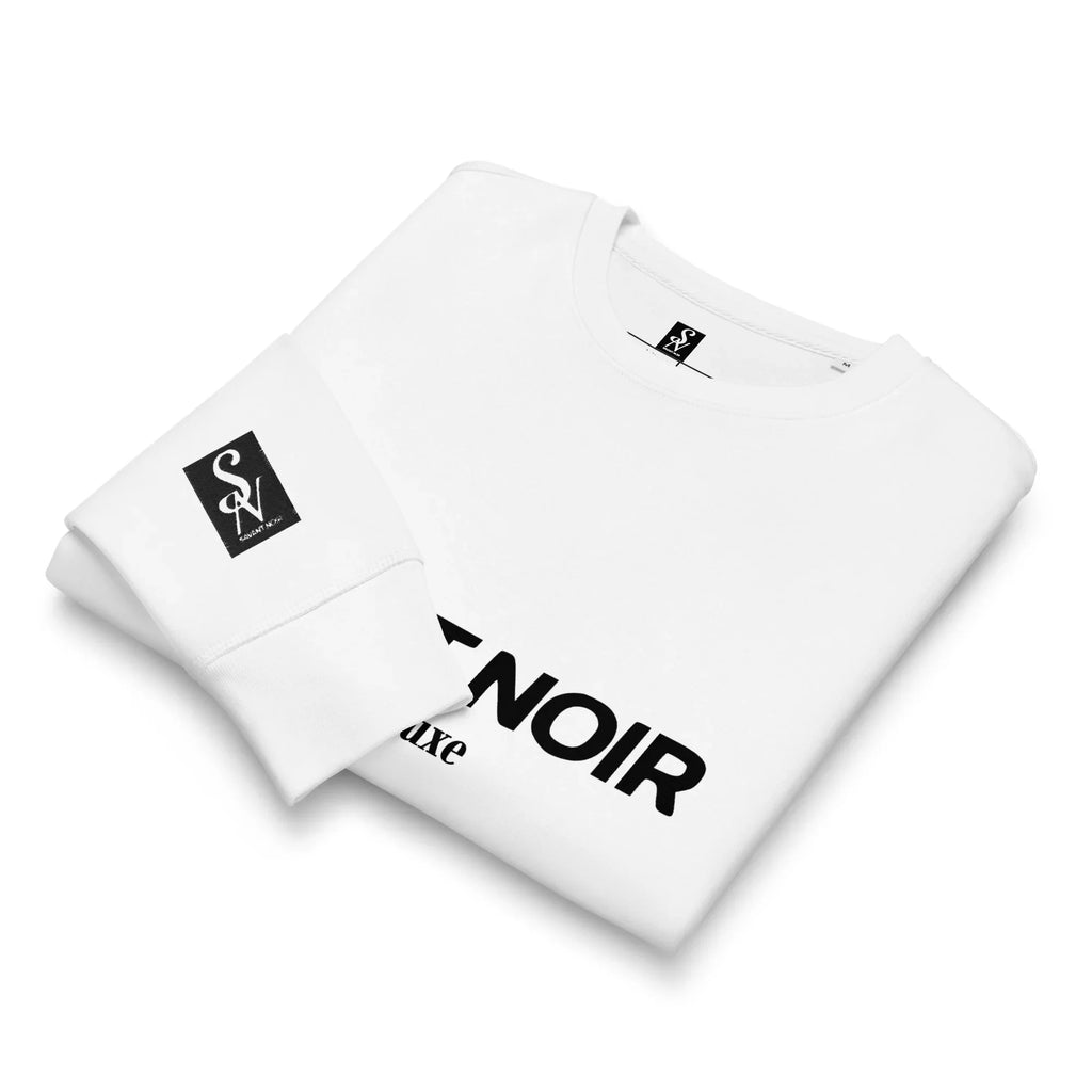 White SAVANT NOIR luxury midweight crewneck sweatshirt folded with black logo on chest and sleeve