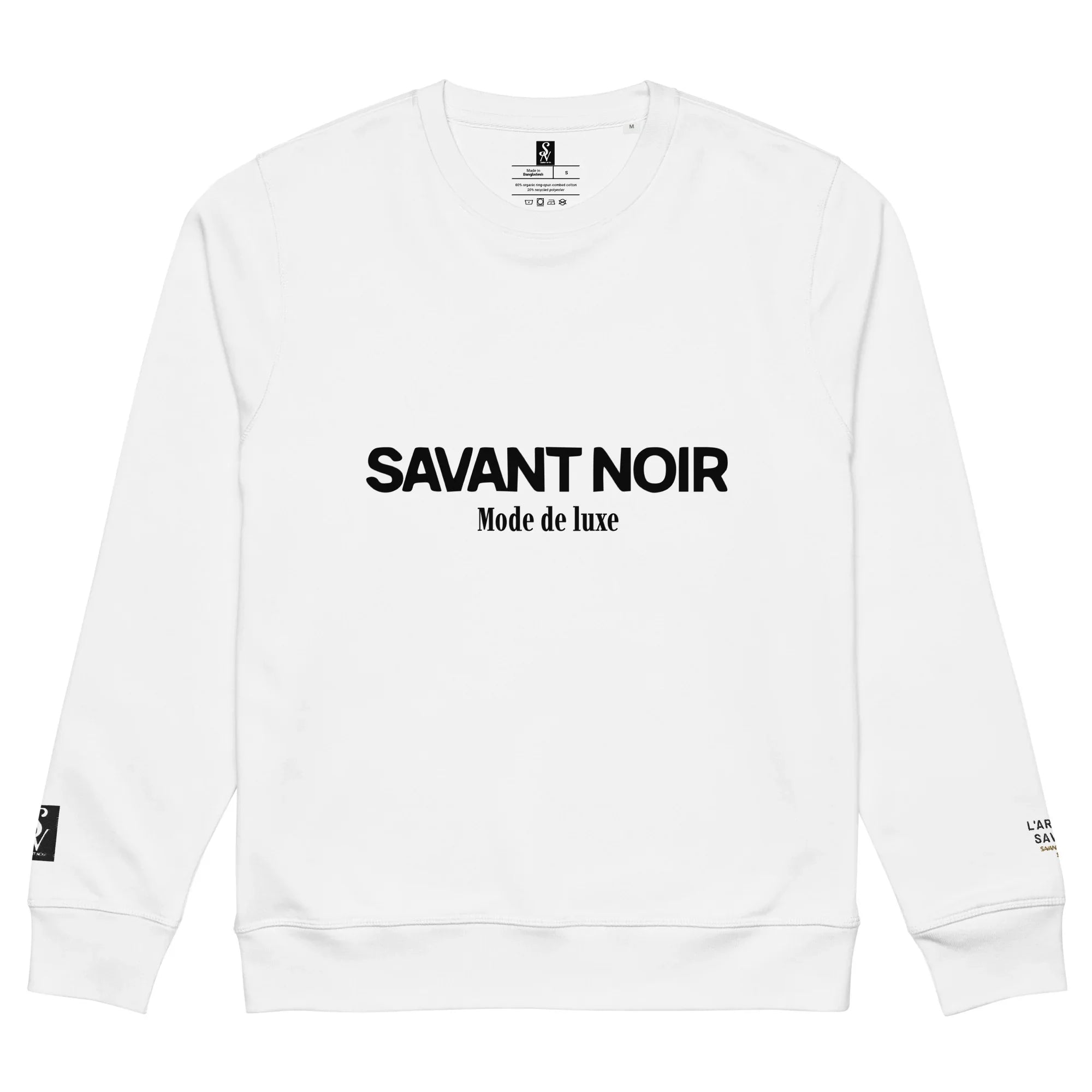 White SAVANT NOIR luxury midweight crewneck sweatshirt with black logo text on front