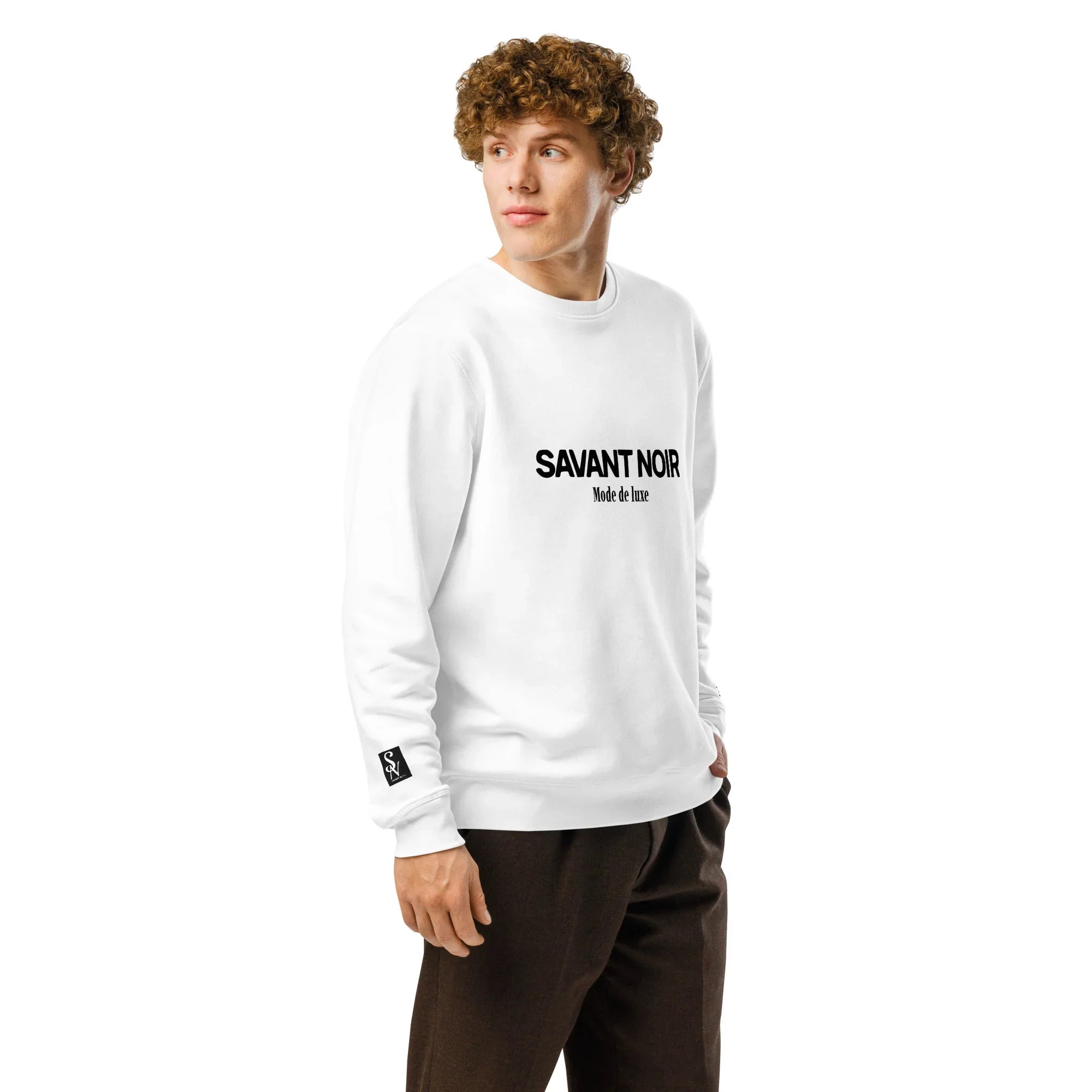 SAVANT NOIR luxury midweight crewneck sweatshirt in white worn by male model with black logo print