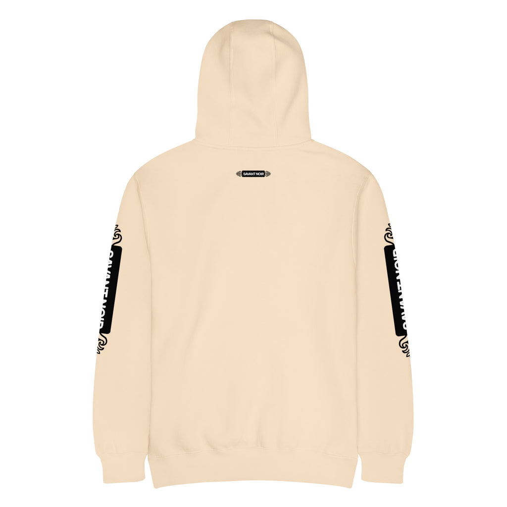 SAVANT NOIR luxury minimalist hoodie in beige with black sleeve logo designs and back branding