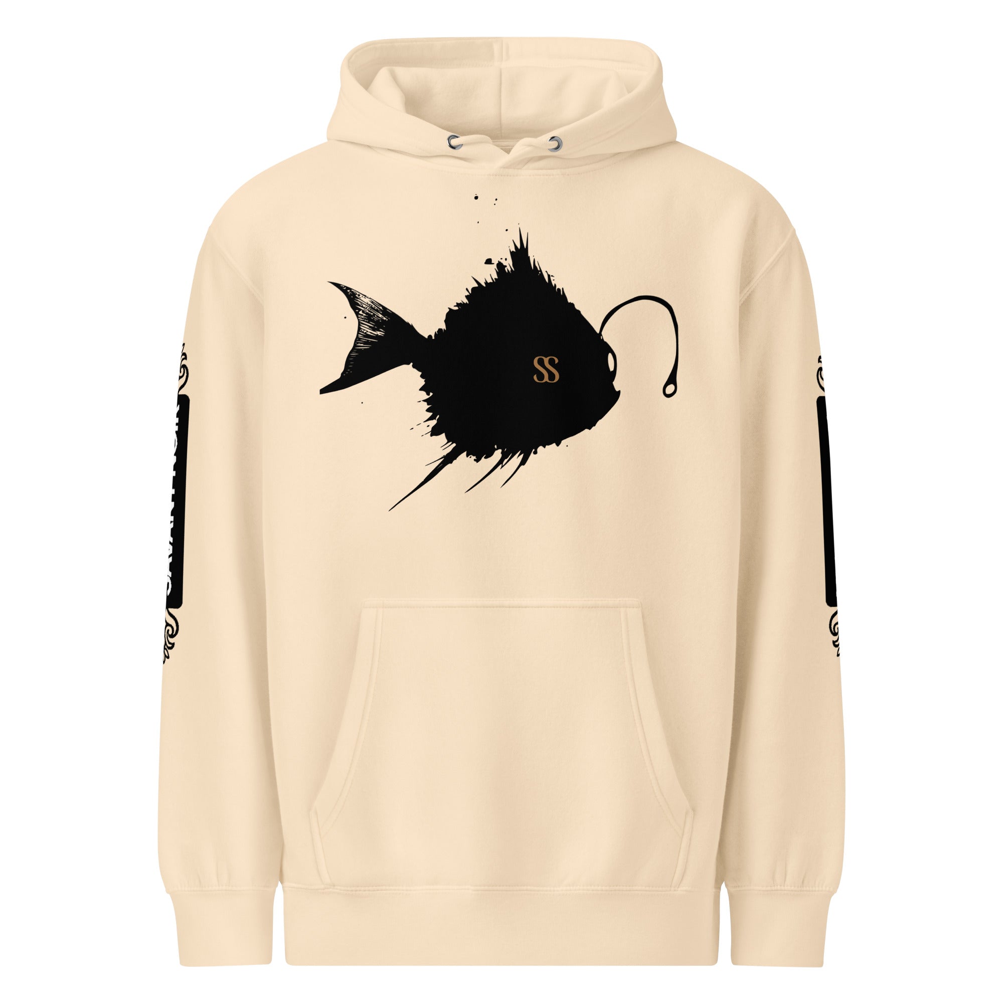 SAVANT NOIR luxury minimalist hoodie in beige with black abstract fish graphic and front pocket