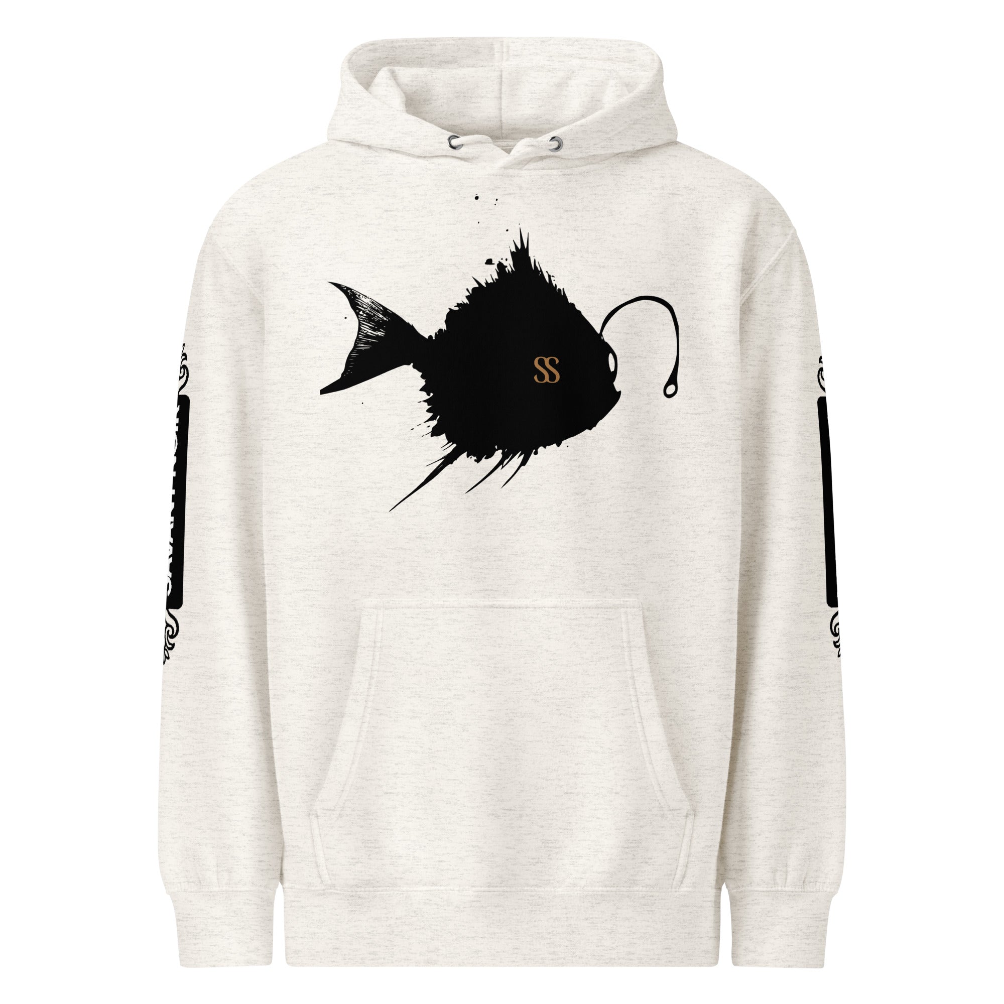 SAVANT NOIR luxury minimalist hoodie in light beige with black artistic fish graphic on front