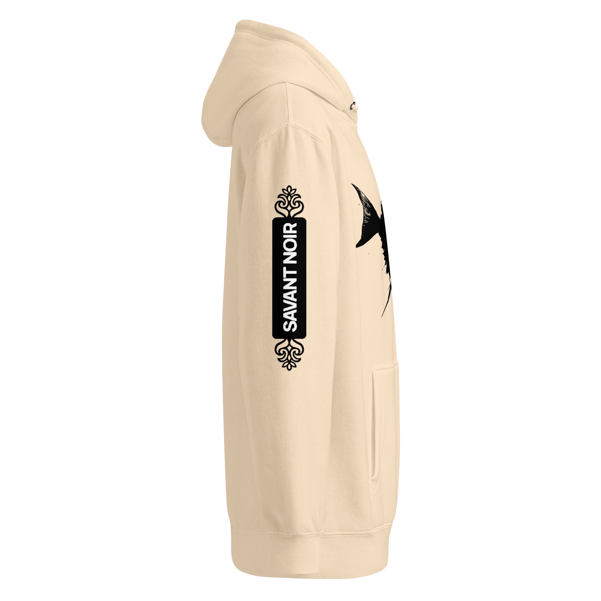 SAVANT NOIR beige luxury minimalist hoodie with black logo design on the sleeve and front pocket