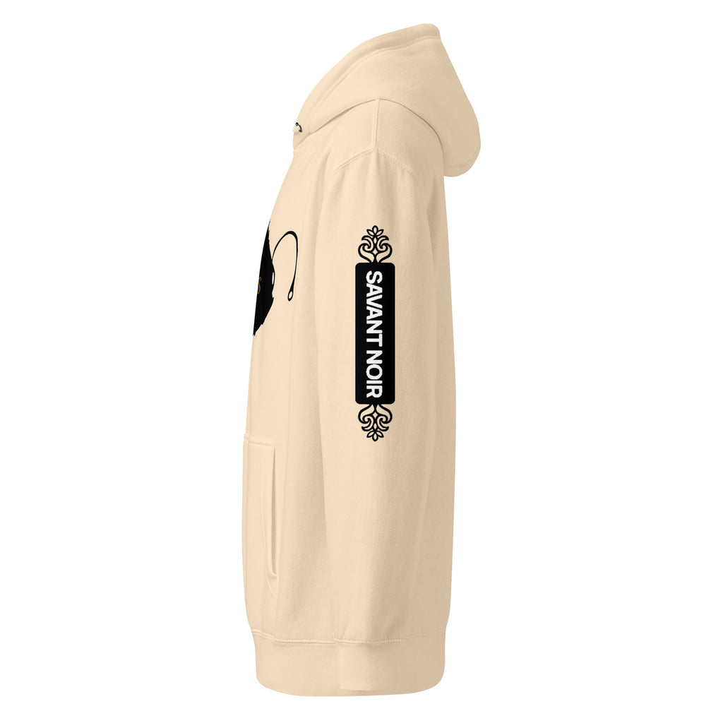 Beige luxury minimalist hoodie by SAVANT NOIR with black logo design on the sleeve and front pocket