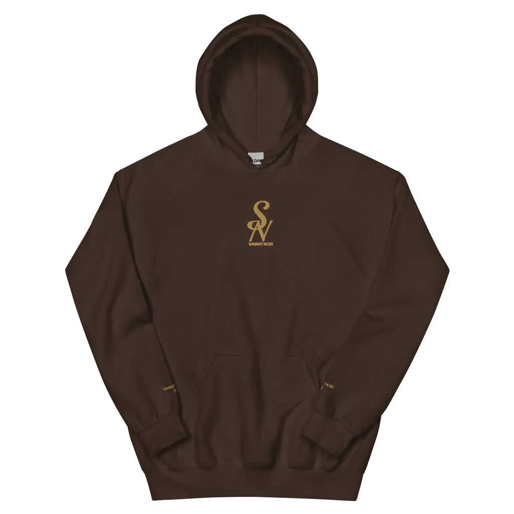 SAVANT NOIR luxury minimalist hoodie in dark brown with gold logo on chest and front pouch pocket