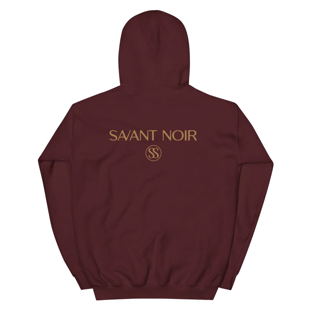 SAVANT NOIR luxury minimalist hoodie in dark maroon with gold logo on the back and hood