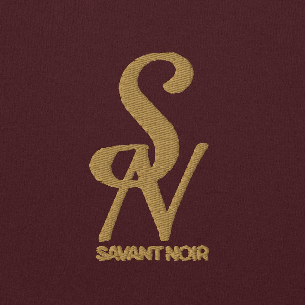 SAVANT NOIR logo embroidery on luxury minimalist hoodie in rich burgundy fabric
