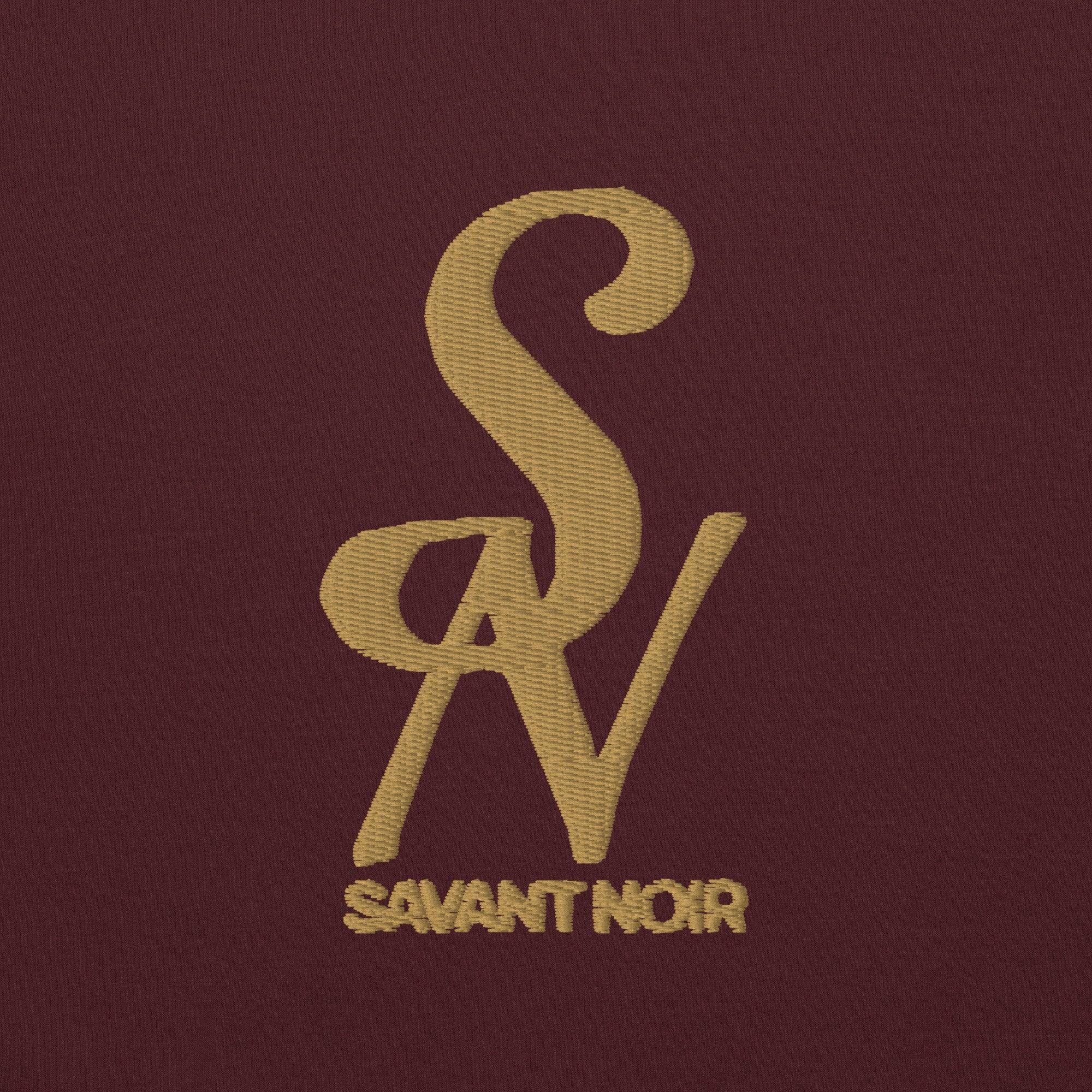 SAVANT NOIR logo embroidery on luxury minimalist hoodie in rich burgundy fabric