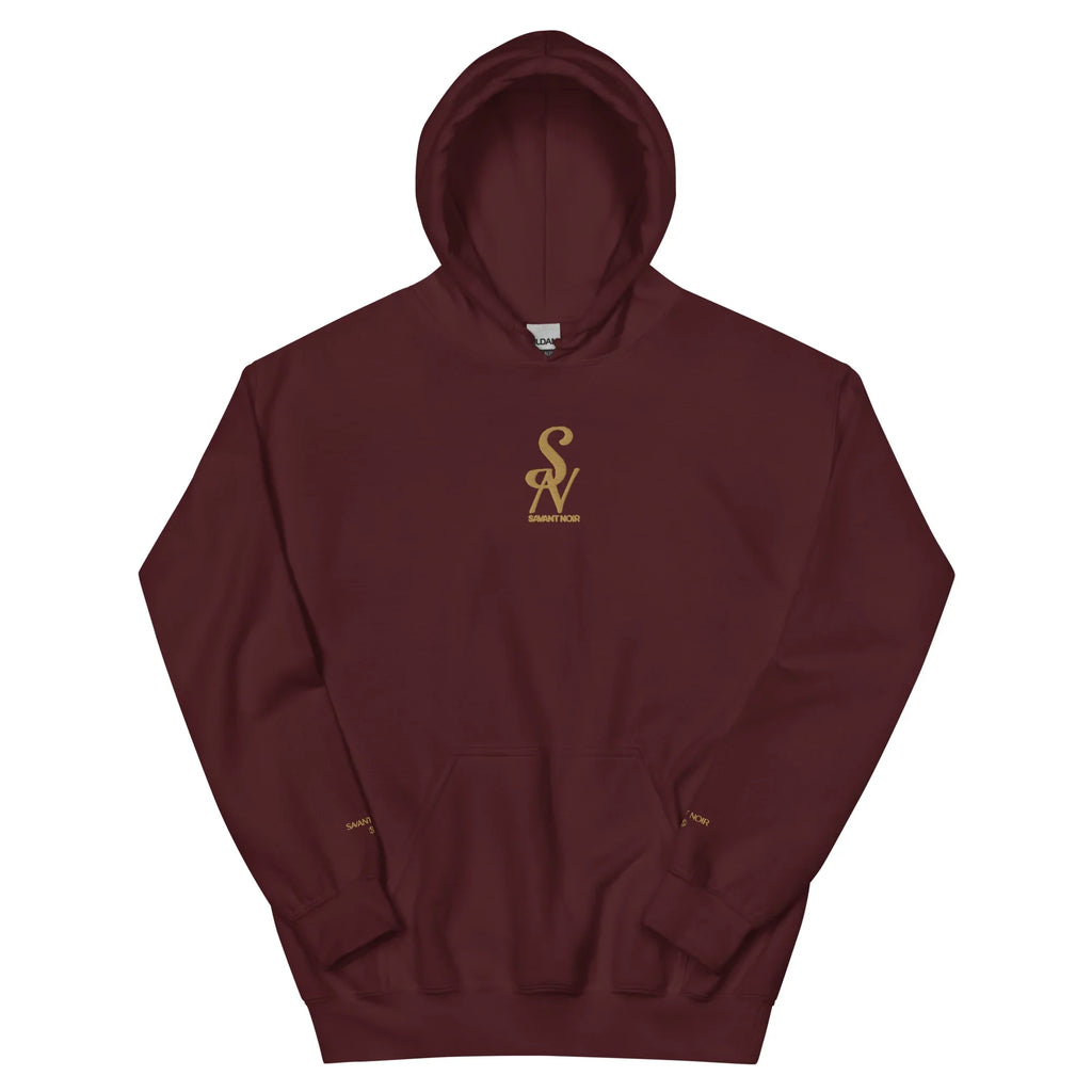 SAVANT NOIR luxury minimalist hoodie in burgundy with gold logo on chest and front pocket